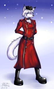 Rating: Safe Score: 0 Tags: 2012 absurd_res anthro belt biped black_nose blue_eyes boots button_(fastener) canid canine canis clothed clothing collar digital_media_(artwork) e621 footwear fully_clothed fur hair hat headgear headwear hi_res katsuke male mammal pose shoes simple_background solo standing tail talon_(character) uniform white_body white_fur white_hair wolf User: bunchy7s