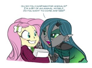 Rating: Safe Score: 0 Tags: accessory arthropod blush butterfly butterfly_(accessory) carniscorner clothed clothing crown dialogue duo e621 ear_piercing english_text equestria_girls eye_contact fangs female flirting fluttershy_(eg) friendship_is_magic grandfathered_content grin hair hair_accessory hairpin half-closed_eyes hasbro headgear human insect lepidopteran long_hair looking_at_another mammal my_little_pony narrowed_eyes nervous piercing queen_chrysalis_(eg) queen_chrysalis_(mlp) simple_background smile teeth text white_background User: bunchy7s