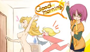 Rating: Questionable Score: 0 Tags: 3girls ancestor ancestor_and_descendant arm_up ayla_(chrono_trigger) bike_shorts blonde_hair blush breasts chrono_(series) chrono_trigger closed_eyes dialogue english_text female female_only glasses green_eyes green_shirt long_hair lucca_ashtear marle mouth_hold multiple_females multiple_girls nipples nude open_mouth pajamas purple_hair ribbon rule34 sa-po shirt short_hair shorts speech_bubble text yawn yawning yellow_ribbon User: bunchy7s