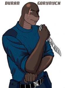 Rating: Questionable Score: 0 Tags: 5_fingers anthro assassin belt belt_pouch blind_eye brown_body brown_skin character_name claws clothed clothing duran_gorynych e621 eye_scar facial_scar fingers fully_clothed holding_object holding_weapon humanoid_hands jay_malamute knife komodo_dragon lizard male monitor_lizard reptile reverse_grip rolled_up_sleeves scalie scar simple_background solo sweater text topwear weapon white_background User: bunchy7s