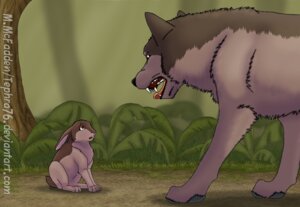 Rating: Safe Score: 0 Tags: ambiguous_gender canid canine canis detailed_background domestic_dog duo e621 feral forest lagomorph leporid mammal nature outside plant rabbit tephra76 tree wolf wood User: bunchy7s
