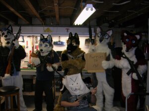 Rating: Safe Score: 0 Tags: /k/ 4:3 4chan >:3 anthro canid canine canis cardboard clothing costume domestic_dog e621 emoticon eyewear fursuit goggles grandfathered_content group gun heart_emoticon heart_symbol holding_object holding_sign human male mammal mask paper_bag paper_bag_mask ranged_weapon real rifle sign unknown_artist weapon User: bunchy7s