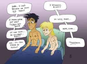 Rating: Questionable Score: 0 Tags: 2boys 6teen after_sex black_hair blonde_hair blue_blanket brown_skin dialog gay half-closed_eyes in_bed jonesy_garcia jude_lizowski light-skinned_male light_skin male male_only multiple_males naked nipples pale-skinned_male pale_skin rule34 sitting speech_bubbles tagme wide_eyes yaoi yoshi_(artist) User: bunchy7s