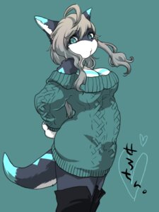 Rating: Safe Score: 0 Tags: 3:4 anthro blue_eyes boots breasts claws cleavage clothed clothing e621 female footwear grey_hair hair hands_behind_back heart_symbol japanese_text long_hair looking_at_viewer shoes solo sweater tail teteteko text topwear unknown_species User: bunchy7s
