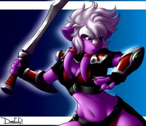 Rating: Safe Score: 0 Tags: 2013 absurd_res anthro armor athletic athletic_anthro athletic_female breasts cleavage clothed clothing damnevildog e621 female frown gem glowing green_gem hair head_plate head_tail hi_res holding_melee_weapon holding_object holding_sword holding_weapon kraskit mammal melee_weapon purple_body purple_skin red_eyes red_nose signature solo sword tabitha_terleir warrior weapon white_hair User: bunchy7s