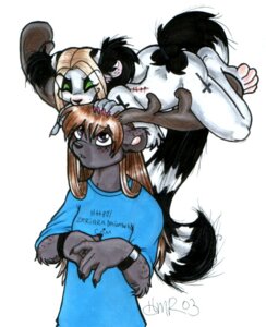 Rating: Safe Score: 0 Tags: 2003 anthro antlers black_body black_fur blonde_hair brown_eyes brown_hair clothed clothing duo e621 eyes_closed female fur glamfur grey_body grey_eyes grey_fur hair head_nom horn lemur long_hair long_tail mammal nom primate ring-tailed_lemur scar shirt simple_background spots strepsirrhine stripes tail tattoo topwear white_background white_body white_fur wristband zeriara zeriara_(character) User: bunchy7s