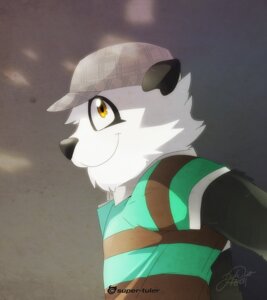 Rating: Safe Score: 0 Tags: anthro bear black_body black_fur black_nose cel_shading clothing e621 fur giant_panda grey_background hat headgear headwear male mammal orange_eyes shaded shirt side_view simple_background smile solo super-tuler tairu topwear watermark white_body white_fur yellow_eyes User: bunchy7s