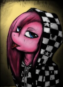 Rating: Safe Score: 0 Tags: alternative_fashion anthro biped blue_eyes bust_portrait checkered clothing colored e621 earth_pony emo equid equine female friendship_is_magic fur gradient_background hair hasbro hood hoodie horse husky50579 mammal my_little_pony painting_(artwork) piercing pink_body pink_fur pink_hair pink_skin pinkamena_(mlp) pinkie_pie_(mlp) pony portrait side_view simple_background solo star_print tan_background tongue tongue_out tongue_piercing topwear traditional_media_(artwork) User: bunchy7s
