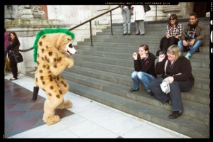 Rating: Safe Score: 0 Tags: anthro clothing clown costume e621 europe female fursuit gallenw grandfathered_content green_hair group hair human hyena makeup male mammal mane mohawk real short_hair spots spotted_hyena User: bunchy7s