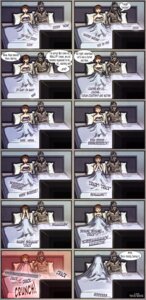 Rating: Safe Score: 0 Tags: 2010 alien bed bedding bioware blanket comic commander_shepard covering covering_self dialogue digital_drawing_(artwork) digital_media_(artwork) duo e621 electronic_arts electronics english_text female furniture garrus_vakarian hi_res human humor looking_at_porn male mammal mass_effect not_furry nude onomatopoeia pillow pokketmowse pornography scared signature smile sound_effects speech_bubble television text turian User: bunchy7s