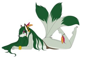 Rating: Questionable Score: 0 Tags: 2011 anthro biped bottomwear candyfoxy canid canine clothed clothing digital_media_(artwork) e621 ear_piercing feathers female fox green_hair hair loincloth lying mammal multi_tail on_front piercing simple_background solo tail topless white_background User: bunchy7s Rating: Questionable Score: 0 Tags: 2011 anthro biped bottomwear candyfoxy canid canine clothed clothing digital_media_(artwork) e621 ear_piercing feathers female fox green_hair hair loincloth lying mammal multi_tail on_front piercing simple_background solo tail topless white_background User: bunchy7s