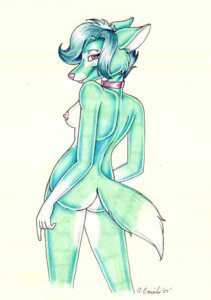 Rating: Questionable Score: 0 Tags: 5_fingers anthro biped blue_hair breasts butt canid canine collar collar_only dipstick_tail e621 female fingers fur gesture gloves_(marking) green_body green_fur hair hand_gesture humanoid_hands ladyjeboah looking_at_viewer looking_back mammal markings multicolored_tail nipples nude pink_eyes pointing pointing_down rear_view short_hair side_boob simple_background smile solo standing tail tail_markings traditional_media_(artwork) white_background white_body white_fur User: bunchy7s