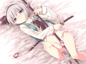 Rating: Explicit Score: 0 Tags: bed beige_skin blue_eyes blush bottomless clothes color female female_only hair holding katana lying on_back open_eyes rule34 solo sword touhou water weapon wet youmu_konpaku User: bunchy7s