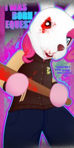 Rating: Questionable Score: 0 Tags: 1:2 2013 ambiguous_gender anthro anthrofied baseball_bat bat_(object) blood bodily_fluids chromatic_aberration clothing cosplay crossover e621 earth_pony english_text equid equine friendship_is_magic hair hasbro hi_res horse hotline_miami jacket jacket_(hotline_miami) mammal mask my_little_pony pink_hair pinkie_pie_(mlp) pony ppdraw solo synthwave text topwear User: bunchy7s