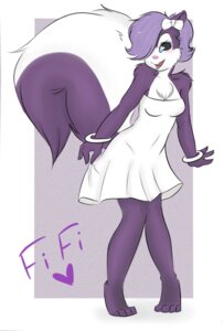 Rating: Safe Score: 0 Tags: 4_toes accessory anthro arm_tuft barefoot big_tail biped blue_eyes blue_sclera border bow_(feature) bow_accessory bow_ribbon bracelet cheek_tuft chest_tuft clothed clothing derigrowl dress e621 english_text eyelashes facial_tuft feet female fifi_la_fume fluffy fluffy_tail full-length_portrait fur grey_background hair hair_accessory hair_bow hair_ribbon hand_on_dress heart_symbol hi_res huge_tail jewelry looking_at_viewer mammal mephitid multicolored_body multicolored_fur open_mouth pink_nose portrait purple_body purple_fur purple_hair purple_text ribbons shoulder_tuft simple_background skunk solo standing striped_skunk tail text tiny_toon_adventures tiptoes toes toes_pointed_inward tuft two_tone_body two_tone_fur two_tone_tail warner_brothers white_border white_bow white_bracelet white_clothing white_dress User: bunchy7s