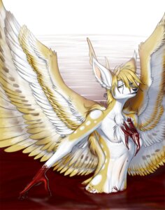 Rating: Questionable Score: 0 Tags: anthro antlers biped blonde_hair blood blood_bath bodily_fluids deer e621 ear_piercing feathered_wings feathers fur hair heterochromia hi_res horn male mammal navel nipples nude peryton piercing pinkuh solo spots standing tan_body tan_fur tears white_body white_fur wings User: bunchy7s