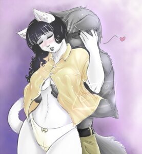 Rating: Questionable Score: 0 Tags: anthro arm_tuft bangs belt black_hair blush bottomwear breast_grab breasts canid canine canis clothed clothing digital_media_(artwork) domestic_cat duo e621 ear_piercing elbow_tuft eyes_closed felid feline felis female fur grey_body grey_fur groping_from_behind hair hand_on_another's_cheek hand_on_breast hand_on_cheek heart_symbol kissing_neck lilyness lips male male/female mammal nipples open_clothing open_shirt open_topwear panties pants piercing purple_background romantic romantic_couple romantic_sex shirt simple_background standing tail topwear tuft underwear white_body white_fur wolf User: bunchy7s