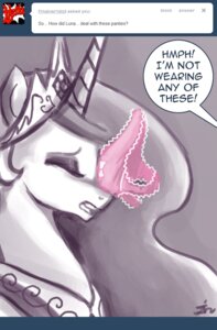 Rating: Questionable Score: 0 Tags: 2012 ask_blog bow_panties bow_underwear clothing crown dialogue e621 english_text equid equine eyes_closed female feral friendship_is_magic frilly frilly_clothing frilly_panties frilly_underwear hasbro headgear horn horse john_joseco mammal monochrome my_little_pony panties pink_clothing pink_panties pink_underwear pony princess_celestia_(mlp) signature solo text tumblr underwear user_avatar User: bunchy7s