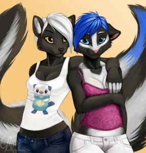 Rating: Safe Score: 0 Tags: anthro blue_eyes blue_hair breasts duo e621 female generation_5_pokemon hair looking_at_viewer magpie_(artist) mammal mephitid mermade nintendo oshawott pokemon pokemon_(species) skunk streaks_skunk striped_skunk tail white_hair User: bunchy7s