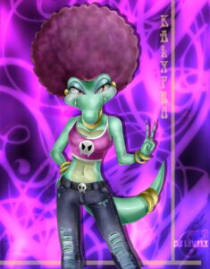 Rating: Safe Score: 0 Tags: accessory afro anthro belt bone bottomwear bracelet breasts cjl1217 clothing crocodilian denim denim_bottomwear denim_clothing donkey_kong_(series) donkey_kong_barrel_blast e621 fangs female furgonomics gesture green_body hand_gesture jeans jewelry kalypso kremling midriff navel nintendo non-mammal_breasts orange_eyes pants reptile ring scalie skull solo tail tail_accessory tail_jewelry tail_ring teeth v_sign User: bunchy7s