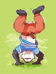 Rating: Safe Score: 0 Tags: 3:4 3_toes anthro barefoot bear belt biped bottomwear claws clothed clothing e621 feet front_view fur giant_panda grass green_background grey_body grey_fur handstand hat headgear headwear male mammal midriff motion_lines open_mouth pants plant simple_background solo super-tuler tairu toes toony white_body white_fur User: bunchy7s