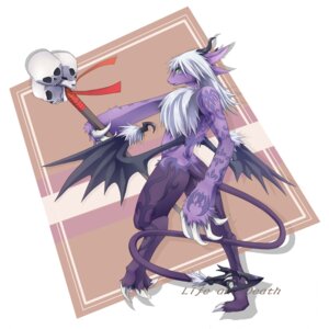 Rating: Safe Score: 0 Tags: 1:1 anthro bone chimera claws e621 fur green_eyes hair hi_res horn hybrid ketaru looking_at_viewer male melee_weapon membrane_(anatomy) membranous_wings polearm purple_body simple_background skull solo staff tail tattoo walking weapon white_background white_claws white_hair wings User: bunchy7s