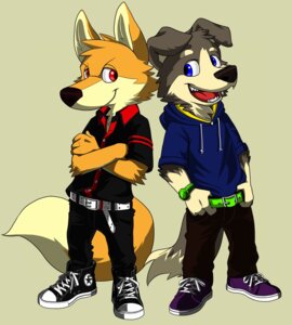 Rating: Safe Score: 0 Tags: 4_fingers alternative_fashion anthro belt big_head black_nose blue_eyes bottomwear canid canine canis cel_shading clock clothed clothing clothing_cord converse crossed_arms dipstick_tail domestic_dog drawstring drawstring_topwear duo e621 fingers footwear fox fully_clothed fur goth grey_body grey_fur hi_res hoodie lobotalow looking_at_viewer male mammal markings multicolored_tail open_mouth open_smile orange_body orange_fur pants pose red_eyes shaded shirt shoes smile sneakers standing sweater tail tail_markings teeth tongue toony topwear watch wristwatch User: bunchy7s