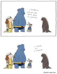 Rating: Safe Score: 0 Tags: anteater anthro bear beast_(marvel) clothing comic costume cyclops_(marvel) dialogue e621 english_text female gulonine hi_res humor lagomorph leporid liz_climo long_snout male mammal marvel mustelid musteline pilosan rabbit rogue_(marvel) snout tail tamandua text url wolverine wolverine_(marvel) x-men xenarthran User: bunchy7s