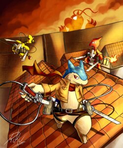 Rating: Safe Score: 0 Tags: 5:6 alternate_species ampharos attack_on_titan charmeleon crossover detailed_background dragonite e621 fire flaming_tail furrification generation_1_pokemon generation_2_pokemon group happy male melee_weapon nintendo on_roof orange_body orange_skin pokemon pokemon_(species) riku_(rikuaoshi) rikuaoshi rooftop scarf sword tail titan_(attack_on_titan) typhlosion weapon User: bunchy7s