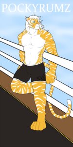 Rating: Safe Score: 0 Tags: 1:2 abs anthro athletic biceps biped bottomwear boxing_shorts bulge clothed clothing e621 felid fur green_eyes hair hi_res hunter hunterramirez male mammal markings muscular muscular_anthro orange_body orange_fur pantherine pecs pink_nose pockyrumz pose short shorts solo standing stripes tiger topless white_body white_fur white_hair User: bunchy7s