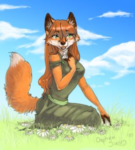 Rating: Safe Score: 0 Tags: 2009 anthro biped canid canine clothing cloud daisy_(flower) detailed_background dress e621 female field flower fox hair kneeling mammal orphen-sirius outside plant red_fox sky solo summer tail toony true_fox User: bunchy7s