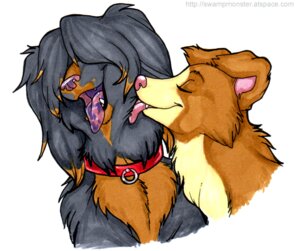 Rating: Safe Score: 0 Tags: black_body black_fur brown_body brown_fur bust_portrait canid canine canis collar domestic_dog duo e621 female feral feral_with_hair floppy_ears fur hair hair_over_eyes love male mammal marker_(artwork) mottled mottled_nose mottled_tongue multicolored_tongue pink_inner_ear pink_nose pink_tongue portrait red_collar shaded simple_background text tongue traditional_media_(artwork) url white_background zeriara User: bunchy7s