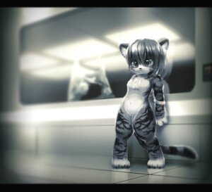 Rating: Safe Score: 0 Tags: 2013 anthro black_hair blue_eyes e621 felid female fur grey_body grey_fur hair inside laboratory letterbox mammal navel rag._(artist) reflection solo stripes tail User: bunchy7s