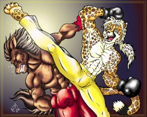 Rating: Safe Score: 0 Tags: abs anthro bandage battle boxing boxing_gloves cheetah clothed clothing duo e621 eggplantman equid equine felid feline fight gloves handwear horse kick kickboxing male mammal muscular ouch sport tail topless User: bunchy7s