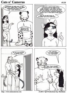 Rating: Questionable Score: 0 Tags: anthro black_and_white breasts cats_n'_cameras cheetah clothed clothing comic dialogue domestic_cat duo e621 english_text eye_contact felid feline felis female fur hair james_di_benedetto james_m_hardiman josephine_rodgers looking_at_another male mammal marker_(artwork) mixed_media monochrome open_mouth pen_(artwork) smile tail text traditional_media_(artwork) url User: bunchy7s