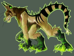 Rating: Safe Score: 0 Tags: anthro canid canine canis e621 glowing green_eyes green_nose kosseart male mammal piercing solo stripes tail wolf User: bunchy7s