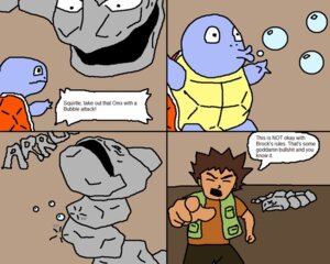 Rating: Safe Score: 0 Tags: ambiguous_gender attack battle blue_body blue_skin brock_(pokemon) bubble comic dialogue e621 elemental_creature english_text eyes_always_closed eyes_closed generation_1_pokemon group gym gym_leader male mineral_fauna nintendo onix pokemon pokemon_(species) pokemon_trainer rock rock_creature shell squirtle text turtle_shell unknown_artist User: bunchy7s