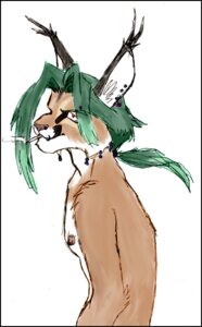 Rating: Safe Score: 0 Tags: anthro caracal caracal_(genus) cigarette e621 felid feline green_hair hair male mammal raven-dynamo smoke smoking solo User: bunchy7s