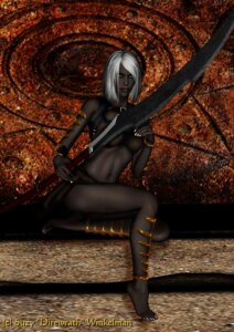 Rating: Questionable Score: 0 Tags: black_skin brown_skin clothed clothed_female dark_skin detailed_background direwrath drow elf female gold_armor large_weapon rule34 scout shin_guards short_hair skimpy suzy_winkelman sword white_fingernails white_hair User: bunchy7s