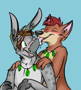 Rating: Safe Score: 0 Tags: 2012 anthro asinus blue_background blush canid canine clothed clothing digital_media_(artwork) donkey donkeyhike duo e621 equid equine fox hike_(character) jewelry kami_(gckami) licking love male male/male mammal necklace simple_background siron tongue tongue_out topless User: bunchy7s