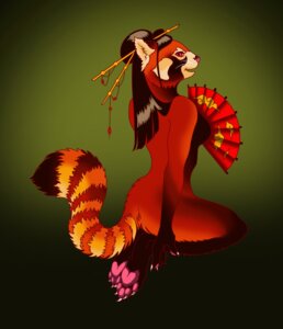 Rating: Questionable Score: 0 Tags: abstract_background ailurid anthro biped black_hair breasts e621 female fur gradient_background hair hand_fan hi_res japanese kneeling koyuki mammal nude orange_body orange_fur patchworkdove red_eyes red_panda side_boob simple_background solo tail User: bunchy7s