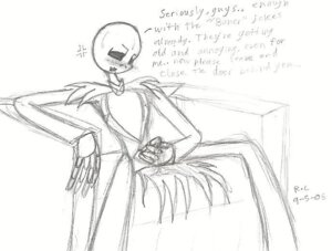 Rating: Explicit Score: 0 Tags: 1boy 1monster 2006 annoyed artist_request black_and_white blush boner clothed clothed_masturbation disney english_text erection handjob holding_penis jack_skellington jacking_off legs_held_open looking_at_penis male male_only masturbation nightmare_before_christmas pencil_(artwork) penis penis_out precum_drip rough_sketch rule34 sitting skeleton solo spread_legs tim_burton visual_pun User: bunchy7s