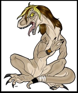 Rating: Safe Score: 0 Tags: 5:6 ambiguous_gender anthro bandage biped black_border border bracelet brown_hair claws dinosaur dromaeosaurid e621 hair jewelry long_hair naturally_censored nude open_mouth prehistoric_species reptile saurischian scalie simple_background sitting solo star tail tattoo teeth theropod velociraptor white_background yellow_eyes zeriara User: bunchy7s
