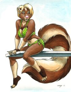 Rating: Safe Score: 0 Tags: 2011 anthro bikini biped black_claws blonde_hair brown_body brown_eyes brown_fur claws clothed clothing diving_board e621 ear_piercing ear_stud female finger_claws fur green_bikini green_clothing green_swimwear hair jewelry kappy_(character) mammal megan_giles mephitid piercing pink_nose polka_dot_bikini side-tie_bikini simple_background sitting skimpy skunk solo string_bikini swimwear tail tan_body tan_fur toe_claws two-piece_swimsuit white_background User: bunchy7s
