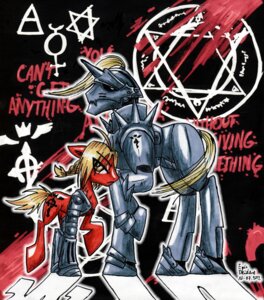 Rating: Safe Score: 0 Tags: 2012 alphonse_elric alternate_species archived_source armor automail blonde_hair clothing cutie_mark dated duo e621 edward_elric epicdeidara equid equine feral fullmetal_alchemist grin hair hasbro hi_res hooves horse looking_at_viewer male mammal my_little_pony ponification pony prosthetic quadruped smile tail User: bunchy7s