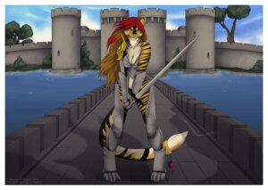 Rating: Safe Score: 0 Tags: 2013 angry anthro armor border breasts brown_hair castle cleavage clothed clothing detailed_background detts e621 felid female green_eyes hair mammal melee_weapon pantherine solo stripes sword tamara tiger weapon white_border wind yin_yang User: bunchy7s