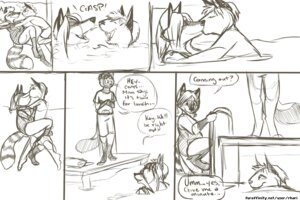 Rating: Safe Score: 0 Tags: 2012 anthro canid canine clothing comic e621 english_text felid feline female fever_low fox greyscale hair hybrid kissing lake lynx male male/female mammal monochrome outside pier procyonid raccoon rhari seaside stripes swimming swimwear tail text underwater url water User: bunchy7s