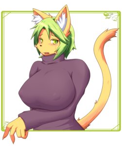 Rating: Questionable Score: 0 Tags: anthro big_breasts blush breasts clothed clothing domestic_cat e621 felid feline felis female fur green_eyes green_hair hair huge_breasts japanese mammal saphir_tail shirt simple_background solo sweater tail topwear turtleneck white_background yellow_body yellow_fur User: bunchy7s