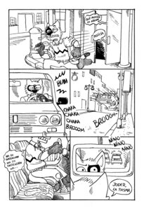 Rating: Questionable Score: 0 Tags: anthro black_and_white car_chase clothed clothing comic detailed_background dialogue domestic_cat e621 felid feline felis fur holding_object male mammal monochrome rayfkm solo spanish_text speech_bubble tail text tongue translated User: bunchy7s