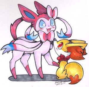 Rating: Safe Score: 0 Tags: 2013 accessory ambiguous_gender blue_eyes bow_ribbon canid canine duo e621 eeveelution fennekin feral fur generation_6_pokemon hair_accessory hair_bow hair_ribbon hi_res kikulina mammal nintendo open_mouth pokemon pokemon_(species) red_eyes ribbons simple_background smile sylveon tongue white_background yellow_body yellow_fur User: bunchy7s